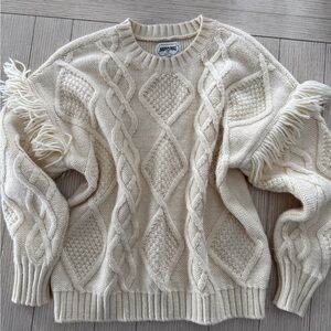 American Eagle Cream Cable Knit Sweater with Fringe size Xs